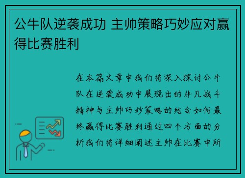 公牛队逆袭成功 主帅策略巧妙应对赢得比赛胜利