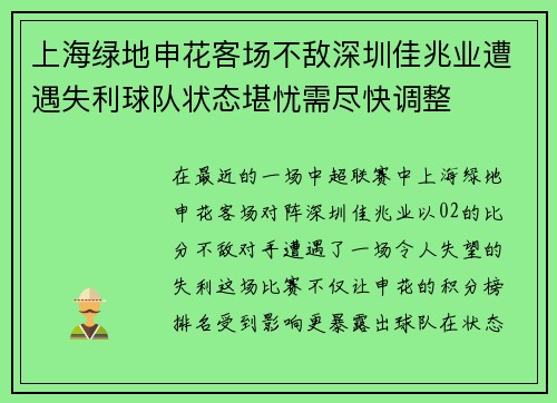 上海绿地申花客场不敌深圳佳兆业遭遇失利球队状态堪忧需尽快调整