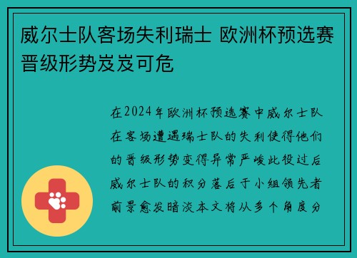 威尔士队客场失利瑞士 欧洲杯预选赛晋级形势岌岌可危