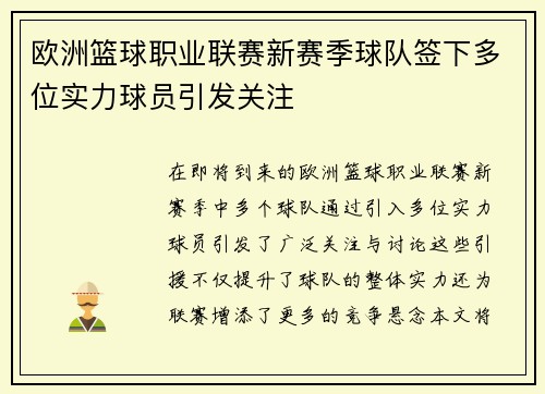 欧洲篮球职业联赛新赛季球队签下多位实力球员引发关注