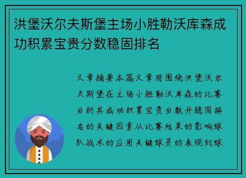 洪堡沃尔夫斯堡主场小胜勒沃库森成功积累宝贵分数稳固排名