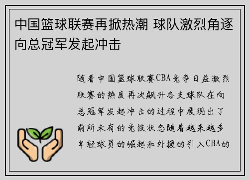 中国篮球联赛再掀热潮 球队激烈角逐向总冠军发起冲击