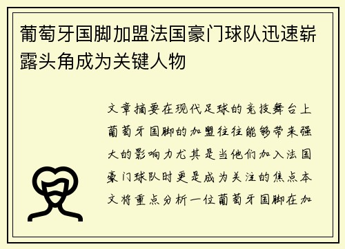 葡萄牙国脚加盟法国豪门球队迅速崭露头角成为关键人物