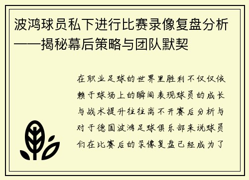 波鸿球员私下进行比赛录像复盘分析——揭秘幕后策略与团队默契