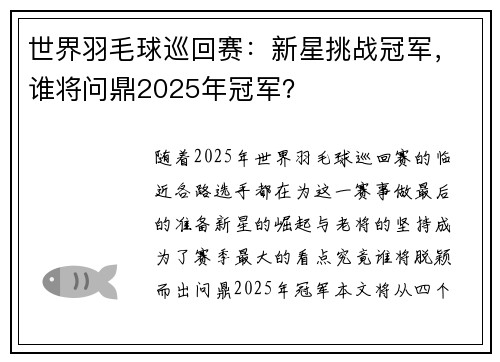 世界羽毛球巡回赛：新星挑战冠军，谁将问鼎2025年冠军？